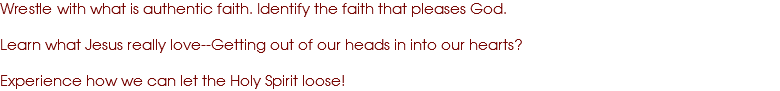 Wrestle with what is authentic faith. Identify the faith that pleases God. Learn what Jesus really love--Getting out of our heads in into our hearts? Experience how we can let the Holy Spirit loose!